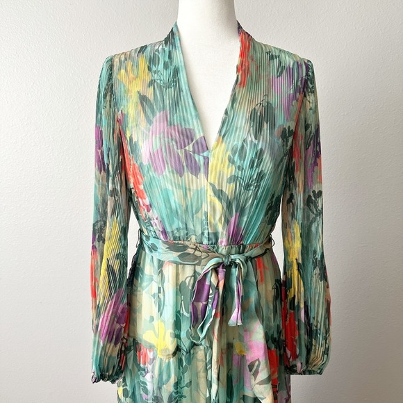 Alex‎ Marie Long Sleeve Green Floral Pleated Belted Midi Dress Women's Size 8 - Picture 3 of 12